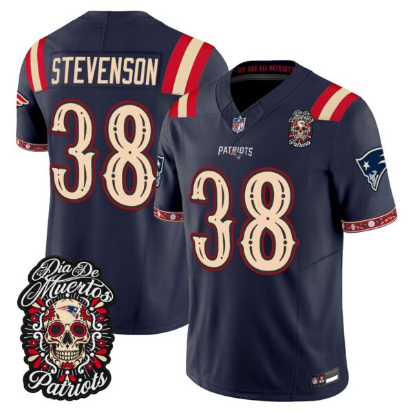 New England Patriots Rhamondre Stevenson Dia de los Muertos Vapor Limited Jersey - All Stitched - Navy