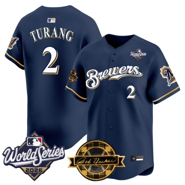 Milwaukee Brewers Brice Turang Throwback 2026 World Series & Bob Uecker Patch Vapor Limited Jersey - All Stitched - Navy