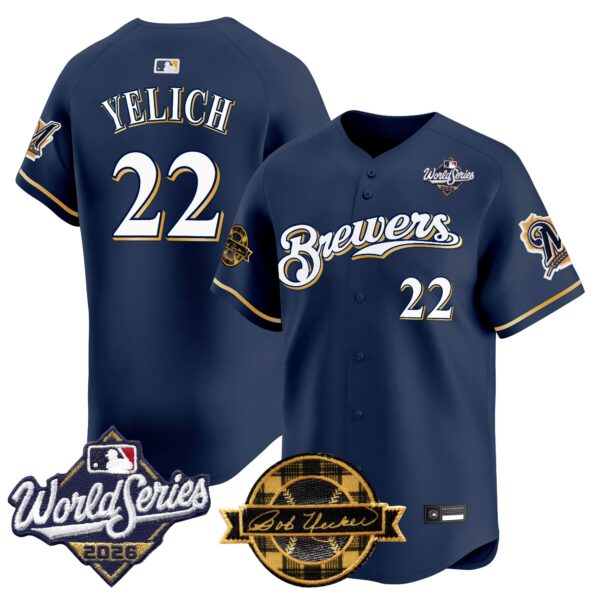 Milwaukee Brewers Christian Yelich Throwback 2026 World Series & Bob Uecker Patch Vapor Limited Jersey - All Stitched - Navy