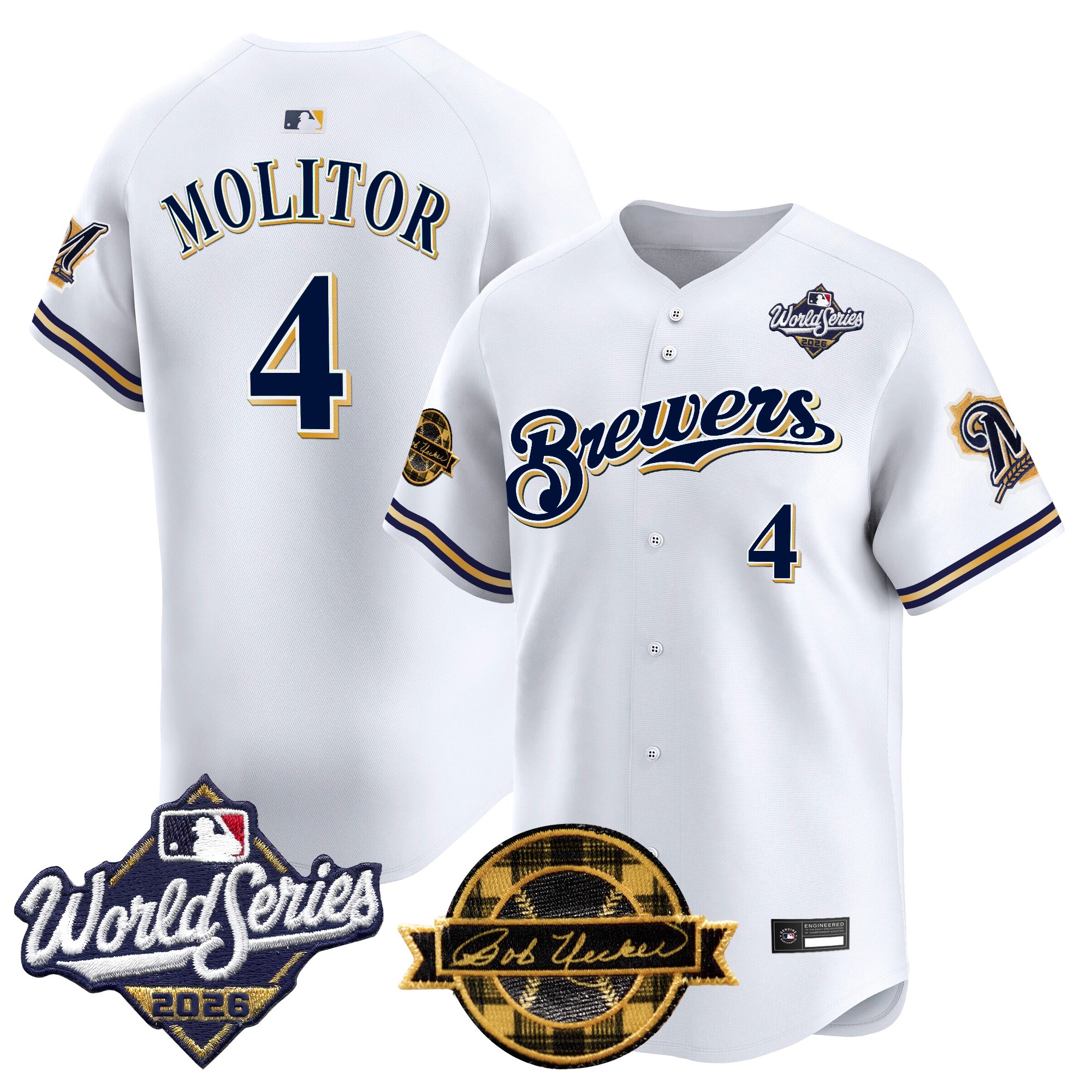 Milwaukee Brewers Paul Molitor Throwback 2026 World Series & Bob Uecker Patch Vapor Limited Jersey - All Stitched - White