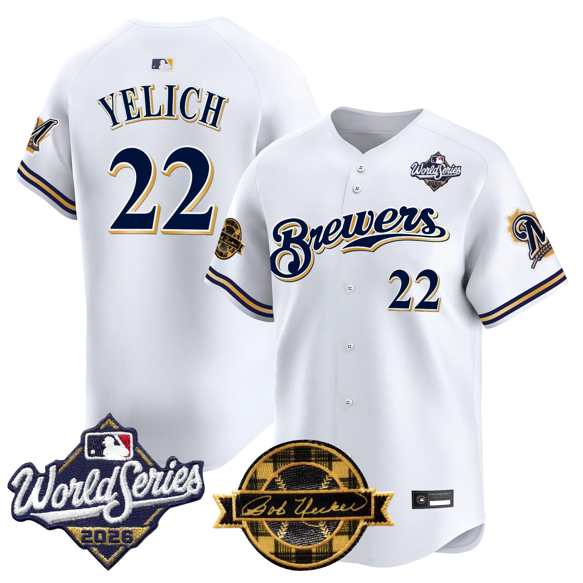 Milwaukee Brewers Christian Yelich Throwback 2026 World Series & Bob Uecker Patch Vapor Limited Jersey - All Stitched - White