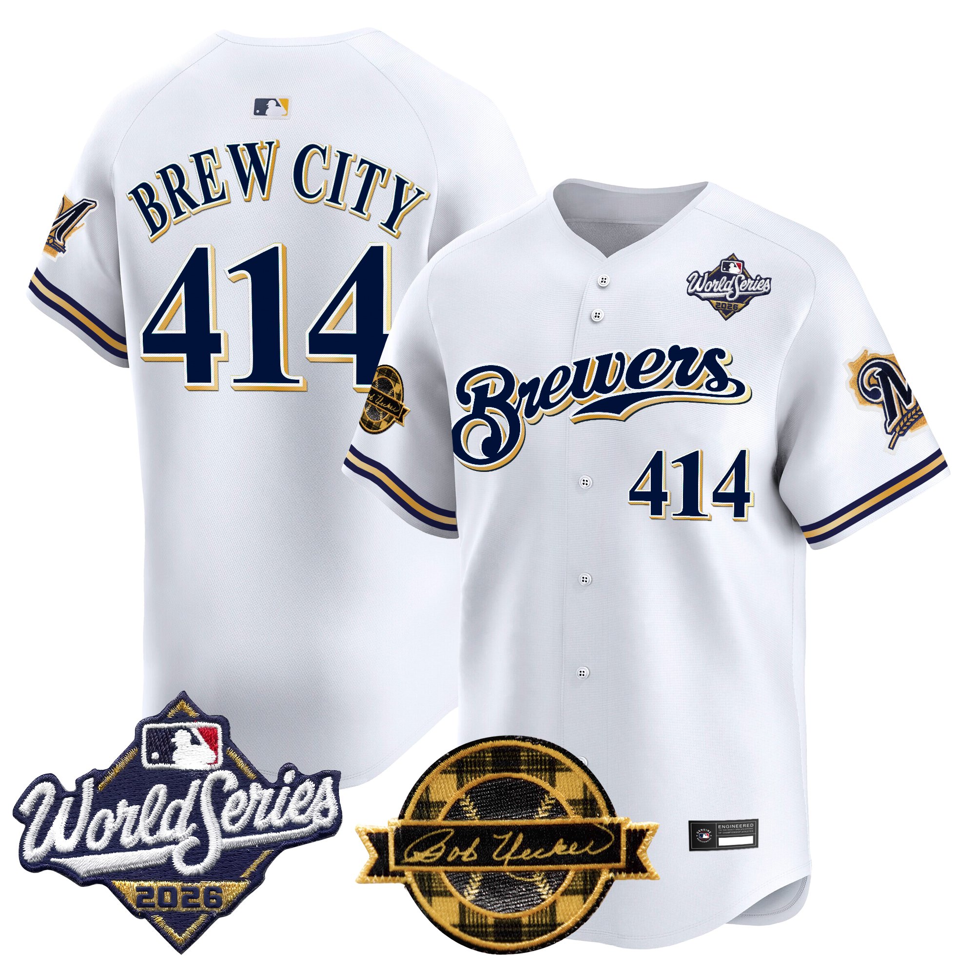 Milwaukee Brewers Brew City 414 Throwback 2026 World Series & Bob Uecker Patch Vapor Limited Jersey - All Stitched - White