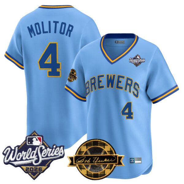 Milwaukee Brewers Paul Molitor Throwback 2026 World Series & Bob Uecker Patch Vapor Limited Jersey - All Stitched - Blue