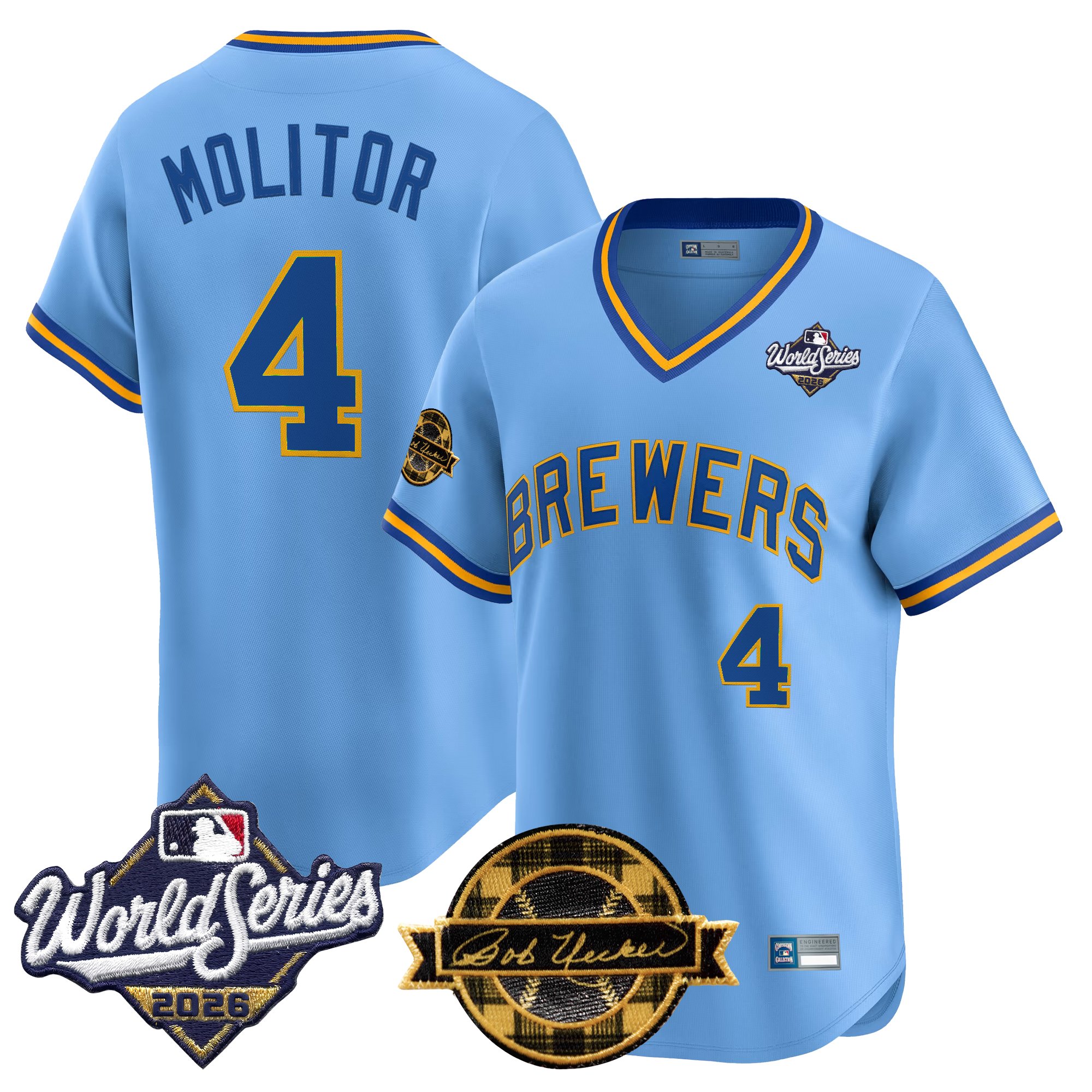 Milwaukee Brewers Paul Molitor Throwback 2026 World Series & Bob Uecker Patch Vapor Limited Jersey - All Stitched - Blue