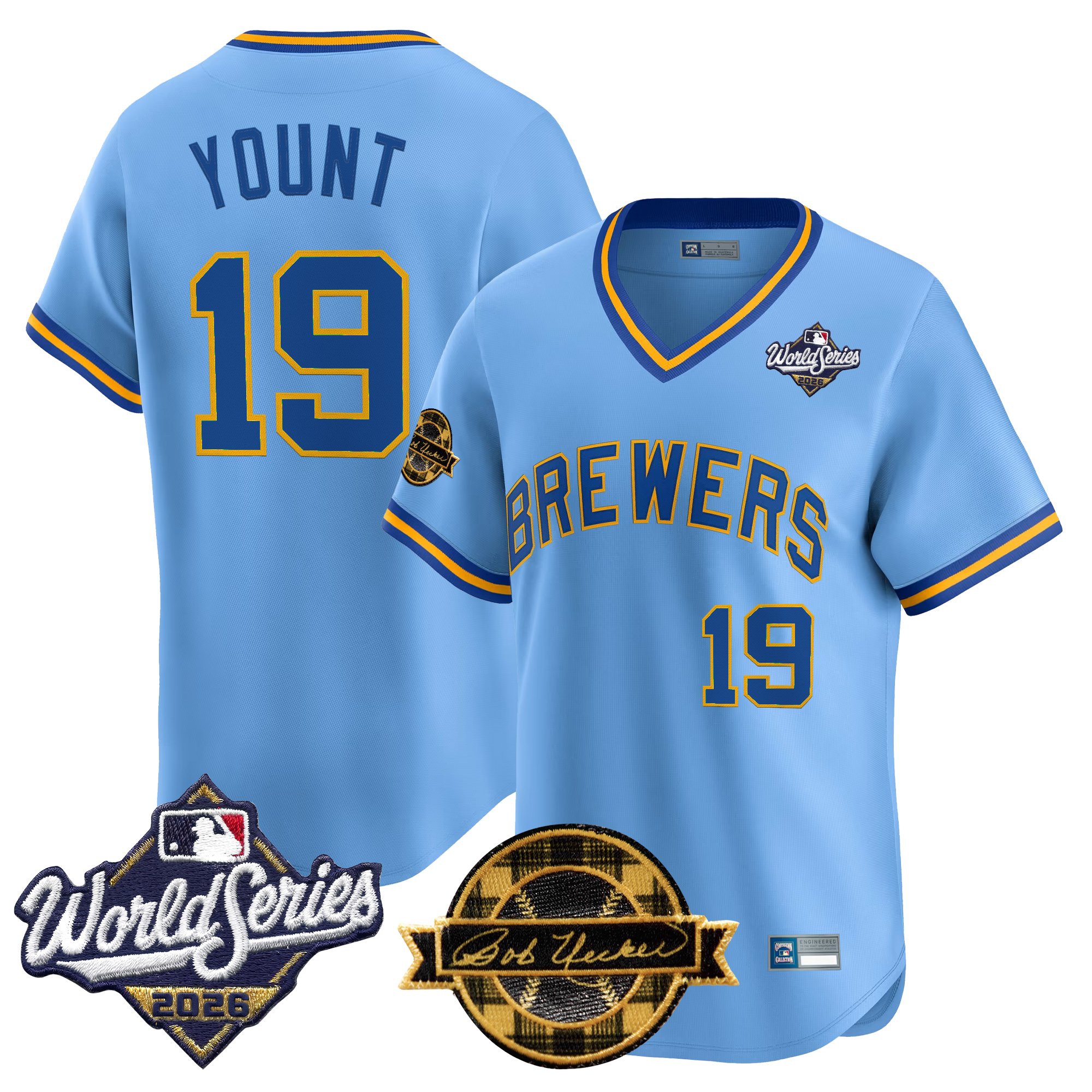 Milwaukee Brewers Robin Yount Throwback 2026 World Series & Bob Uecker Patch Vapor Limited Jersey - All Stitched - Blue