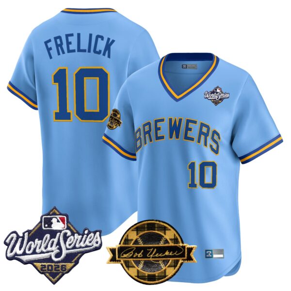 Milwaukee Brewers Sal Frelick Throwback 2026 World Series & Bob Uecker Patch Vapor Limited Jersey - All Stitched - Blue
