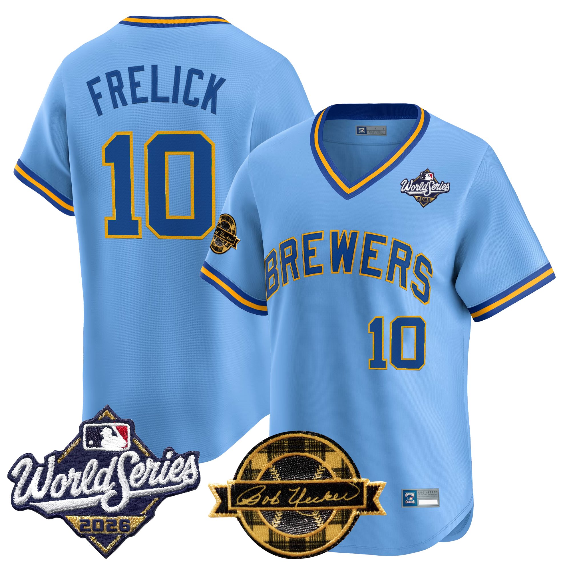 Milwaukee Brewers Sal Frelick Throwback 2026 World Series & Bob Uecker Patch Vapor Limited Jersey - All Stitched - Blue