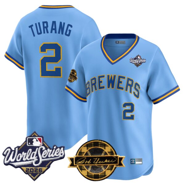 Milwaukee Brewers Brice Turang Throwback 2026 World Series & Bob Uecker Patch Vapor Limited Jersey - All Stitched - Blue