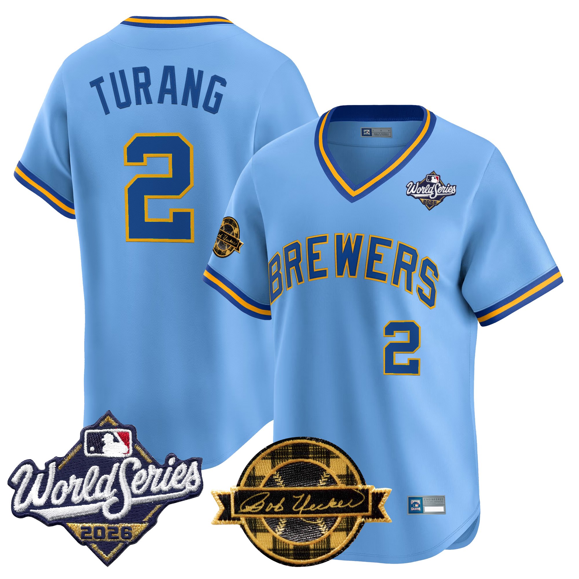 Milwaukee Brewers Brice Turang Throwback 2026 World Series & Bob Uecker Patch Vapor Limited Jersey - All Stitched - Blue