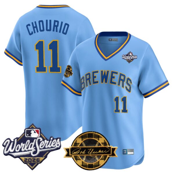 Milwaukee Brewers Jackson Chourio Throwback 2026 World Series & Bob Uecker Patch Vapor Limited Jersey - All Stitched - Blue