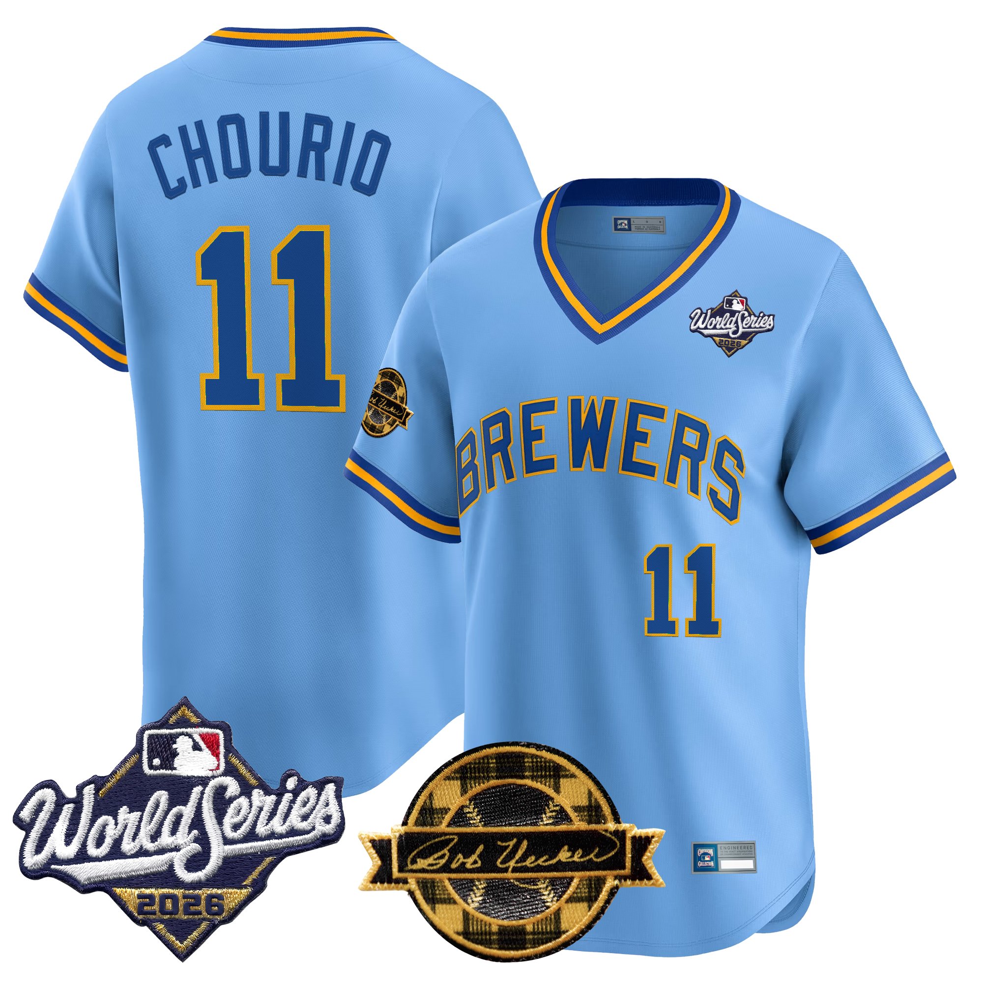 Milwaukee Brewers Jackson Chourio Throwback 2026 World Series & Bob Uecker Patch Vapor Limited Jersey - All Stitched - Blue