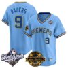 Milwaukee Brewers Jake Bauers Throwback 2026 World Series & Bob Uecker Patch Vapor Limited Jersey - All Stitched - Blue