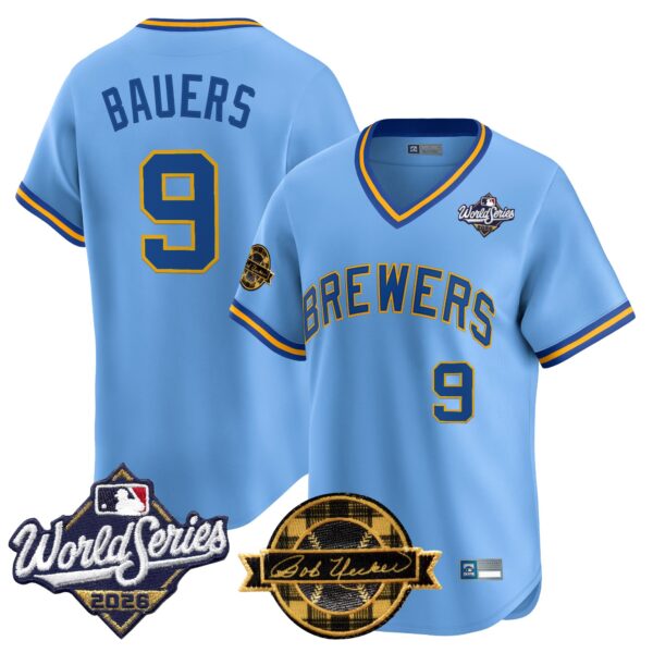 Milwaukee Brewers Jake Bauers Throwback 2026 World Series & Bob Uecker Patch Vapor Limited Jersey - All Stitched - Blue