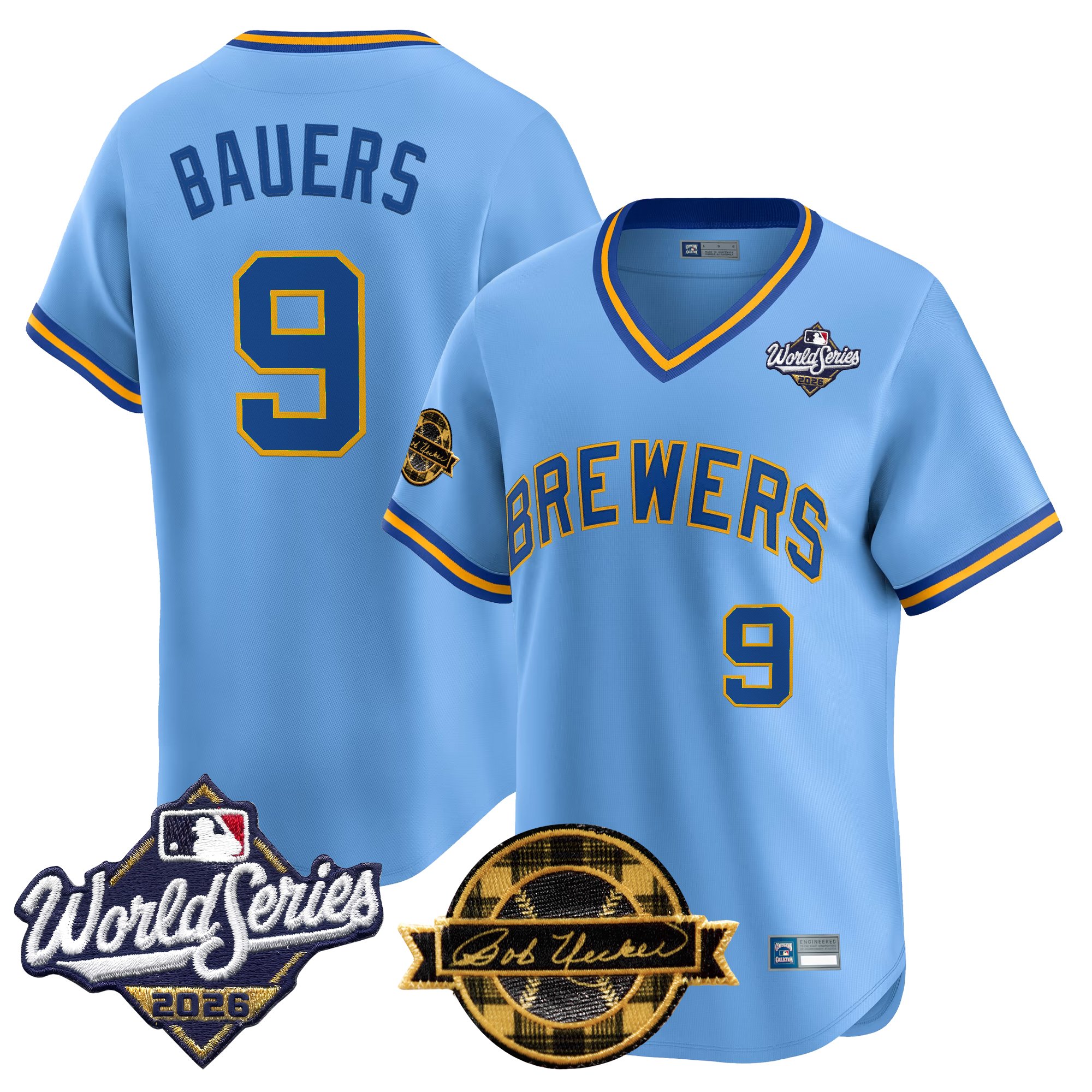Milwaukee Brewers Jake Bauers Throwback 2026 World Series & Bob Uecker Patch Vapor Limited Jersey - All Stitched - Blue