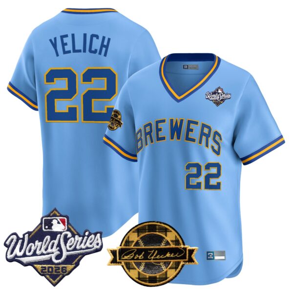 Milwaukee Brewers Christian Yelich Throwback 2026 World Series & Bob Uecker Patch Vapor Limited Jersey - All Stitched - Blue