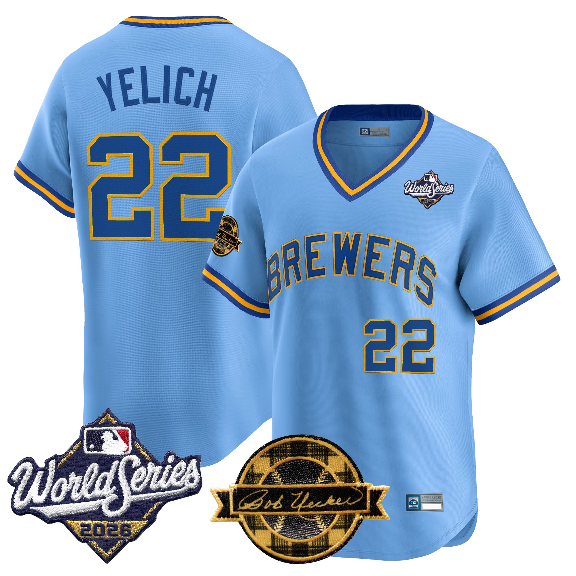 Milwaukee Brewers Christian Yelich Throwback 2026 World Series & Bob Uecker Patch Vapor Limited Jersey - All Stitched - Blue