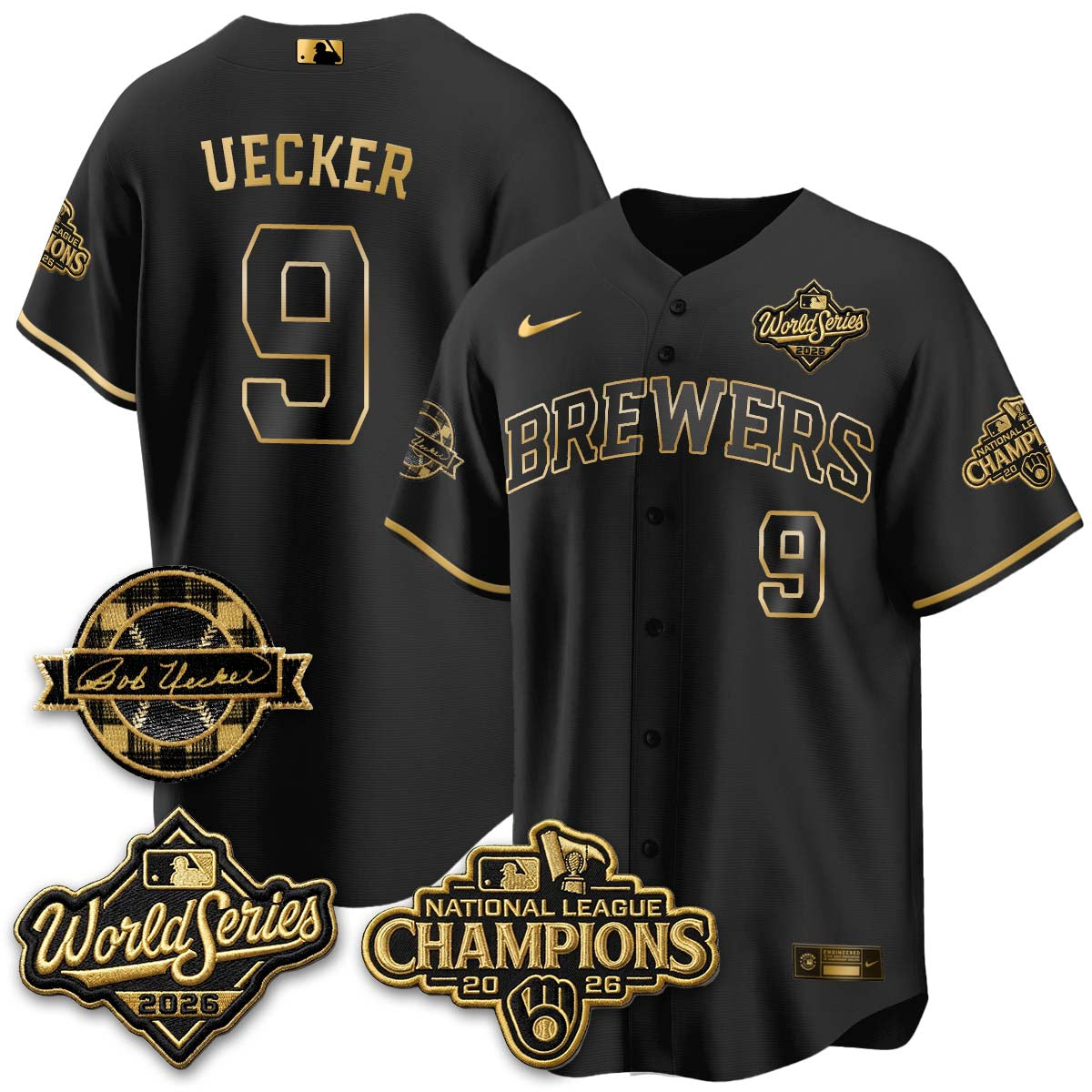 Milwaukee Brewers Bob Uecker 2026 NL Champions Bob Uecker Patch Vapor Jersey - All Stitched - Black Gold