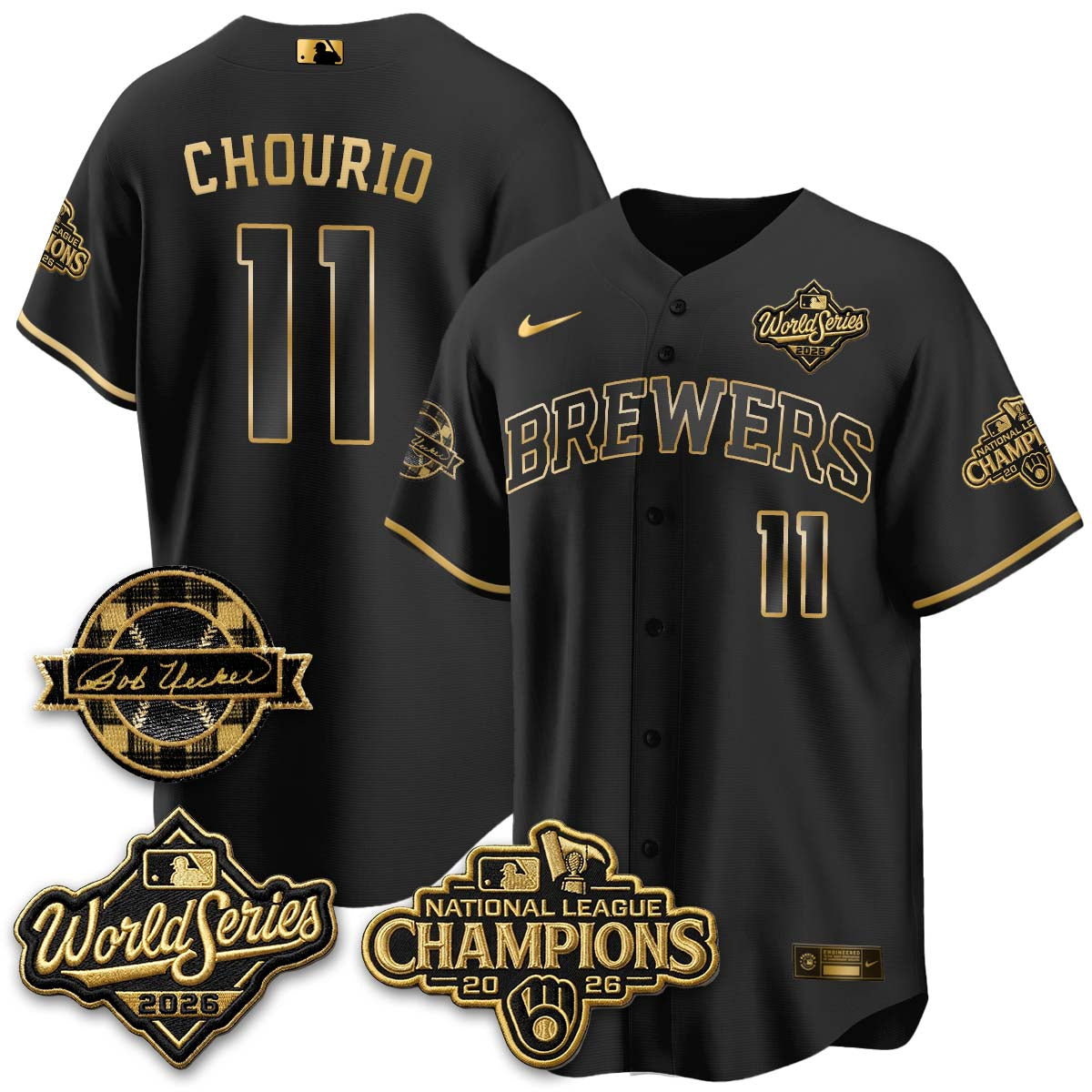 Milwaukee Brewers Jackson Chourio 2026 NL Champions Bob Uecker Patch Vapor Jersey - All Stitched - Black Gold