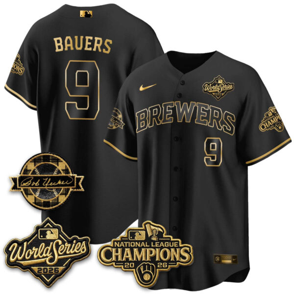 Milwaukee Brewers Jake Bauers 2026 NL Champions Bob Uecker Patch Vapor Jersey - All Stitched - Black Gold