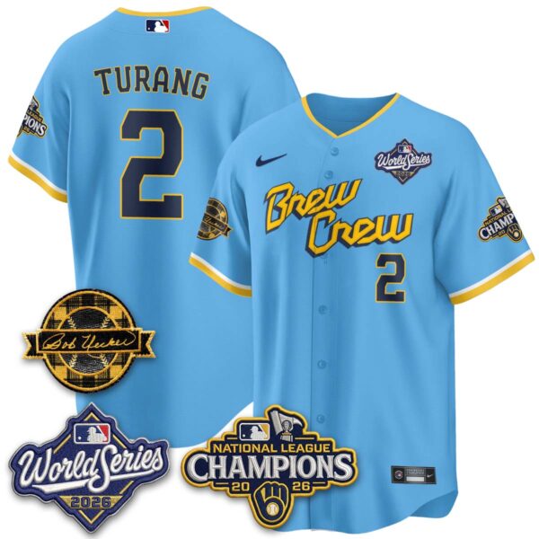 Milwaukee Brewers Brice Turang 2026 NL Champions Bob Uecker Patch Vapor Jersey V2 - All Stitched - City Connect