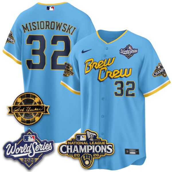 Milwaukee Brewers Jacob Misiorowski 2026 NL Champions Bob Uecker Patch Vapor Jersey V2 - All Stitched - City Connect