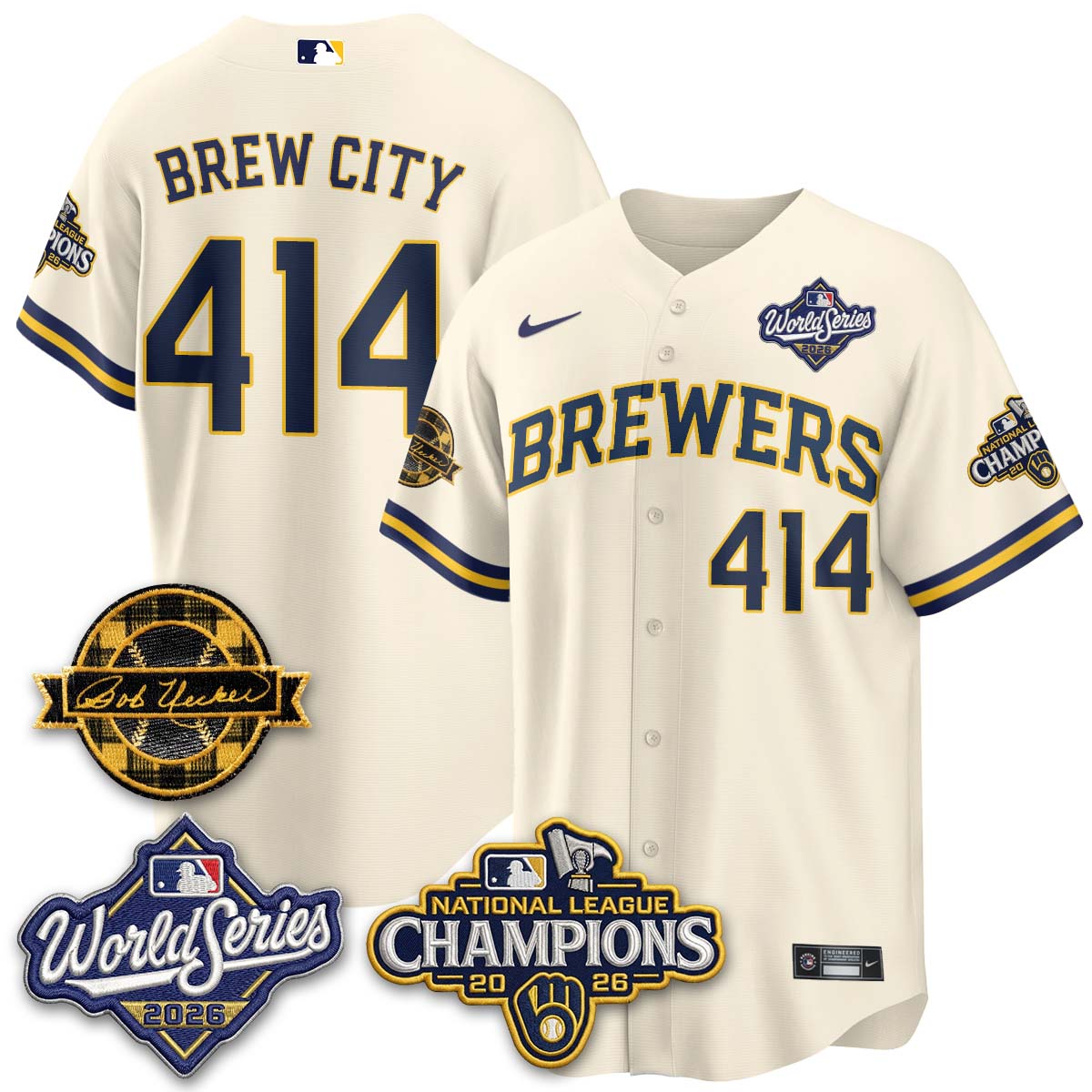 Milwaukee Brewers Brew City 2026 NL Champions Bob Uecker Patch Vapor Jersey - All Stitched - Cream