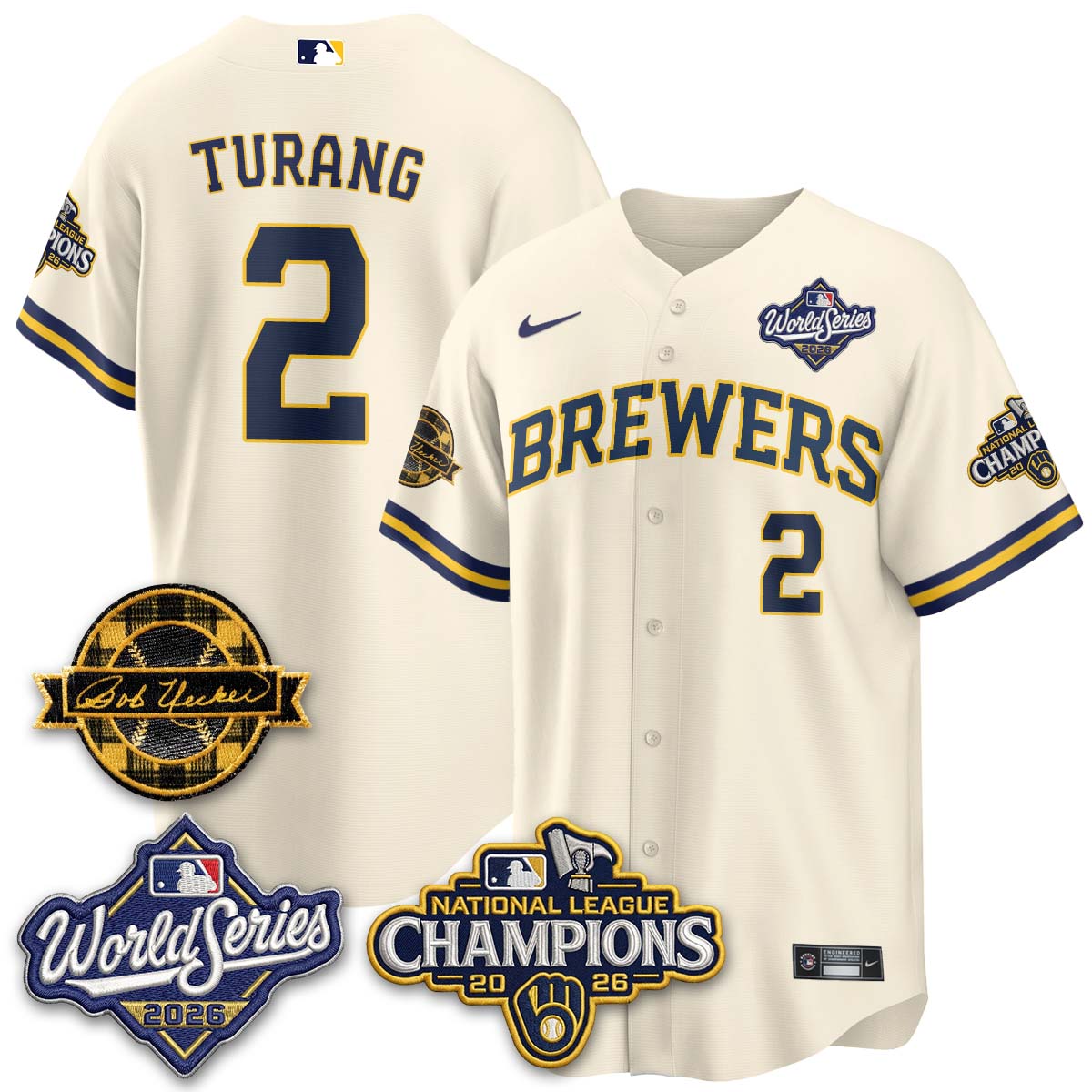 Milwaukee Brewers Brice Turang 2026 NL Champions Bob Uecker Patch Vapor Jersey - All Stitched - Cream