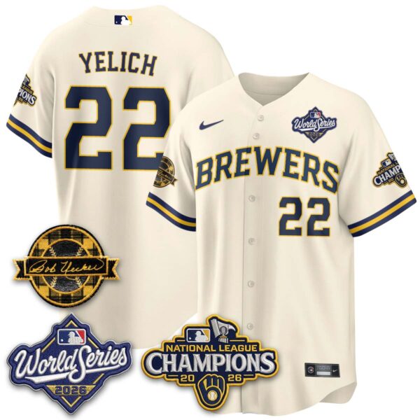Milwaukee Brewers Christian Yelich 2026 NL Champions Bob Uecker Patch Vapor Jersey - All Stitched - Cream