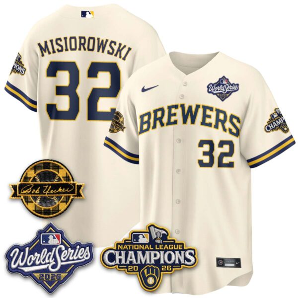 Milwaukee Brewers Jacob Misiorowski 2026 NL Champions Bob Uecker Patch Vapor Jersey - All Stitched - Cream