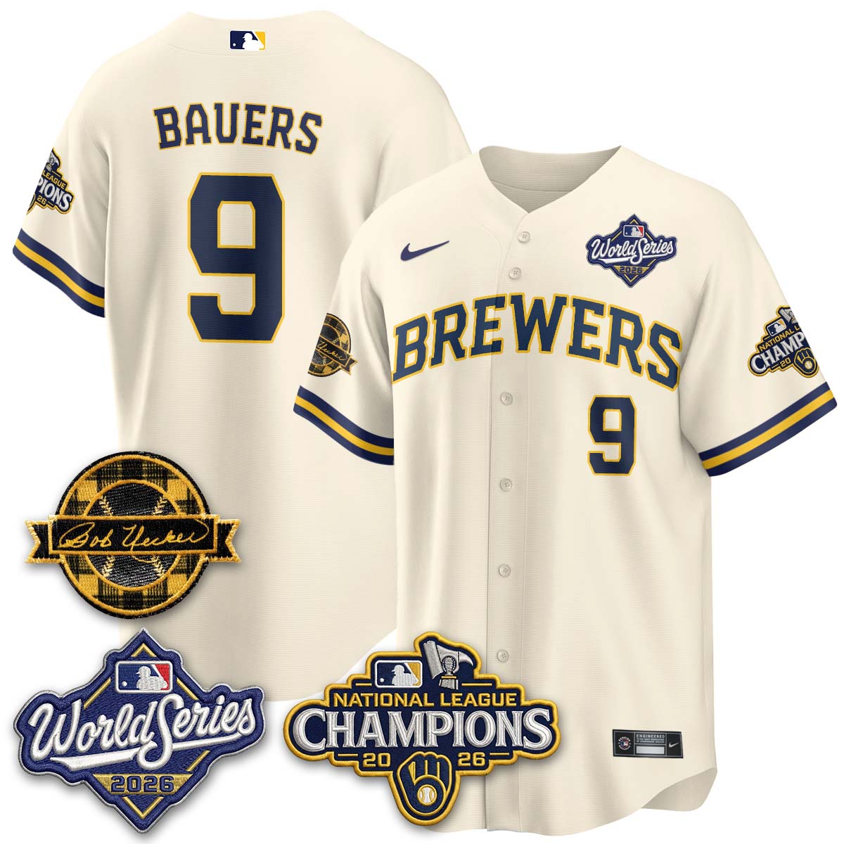 Milwaukee Brewers Jake Bauers 2026 NL Champions Bob Uecker Patch Vapor Jersey - All Stitched - Cream