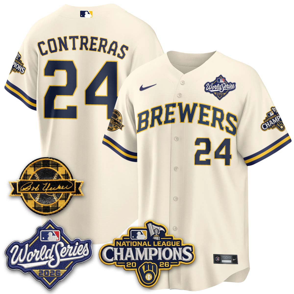 Milwaukee Brewers William Contreras 2026 NL Champions Bob Uecker Patch Vapor Jersey - All Stitched - Cream