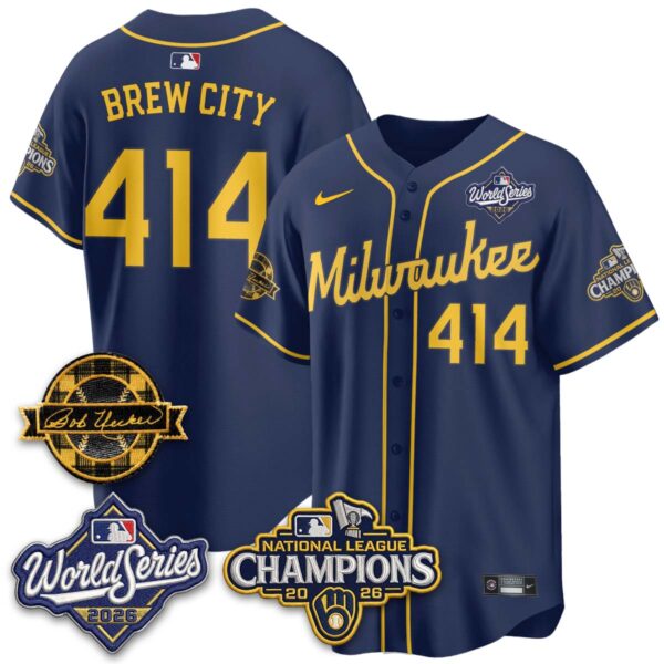 Milwaukee Brewers Brew City 2026 NL Champions Bob Uecker Patch Vapor Jersey - All Stitched - Navy