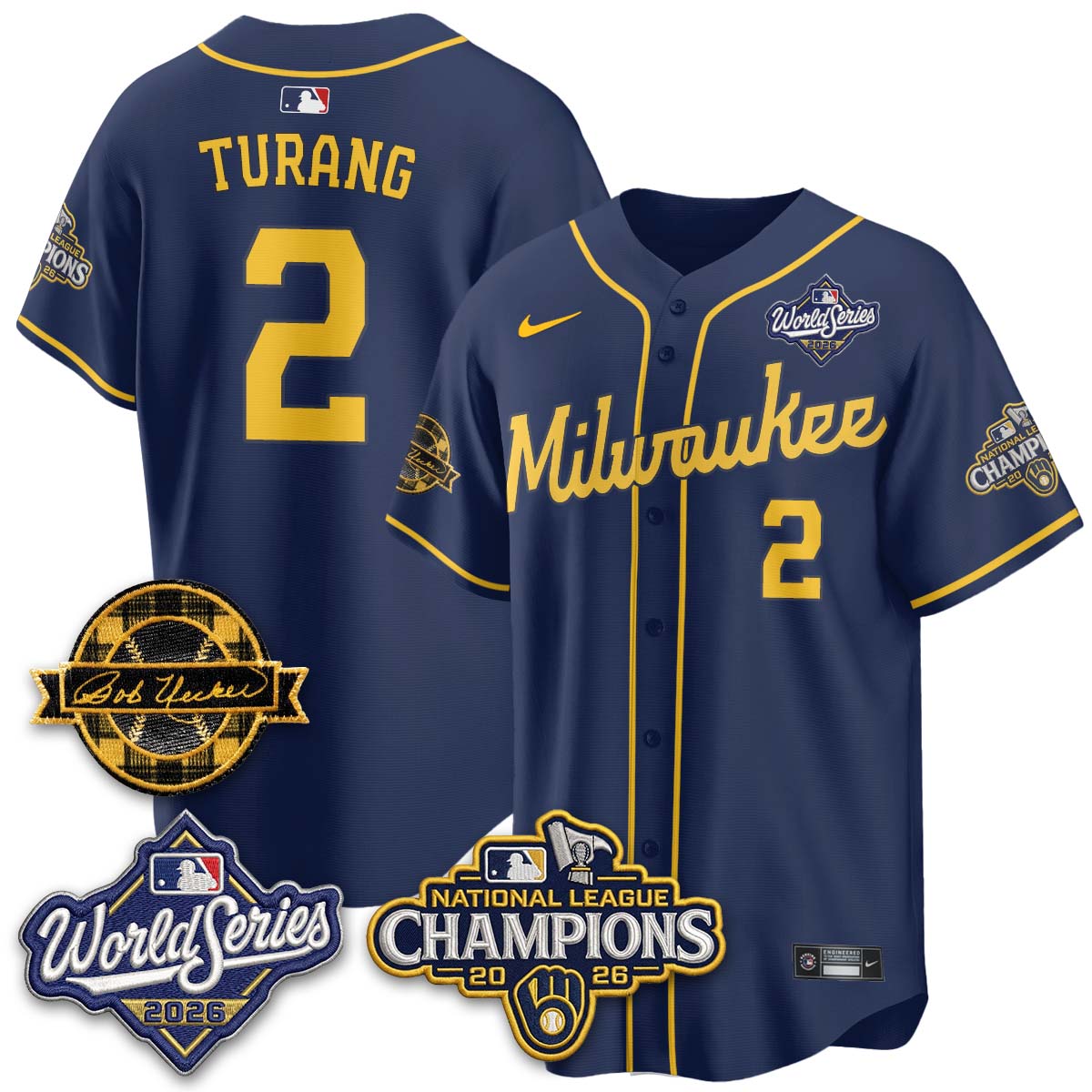 Milwaukee Brewers Brice Turang 2026 NL Champions Bob Uecker Patch Vapor Jersey - All Stitched - Navy