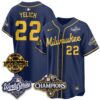 Milwaukee Brewers Christian Yelich 2026 NL Champions Bob Uecker Patch Vapor Jersey - All Stitched - Navy
