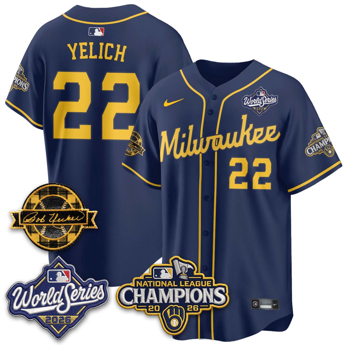 Milwaukee Brewers Christian Yelich 2026 NL Champions Bob Uecker Patch Vapor Jersey - All Stitched - Navy