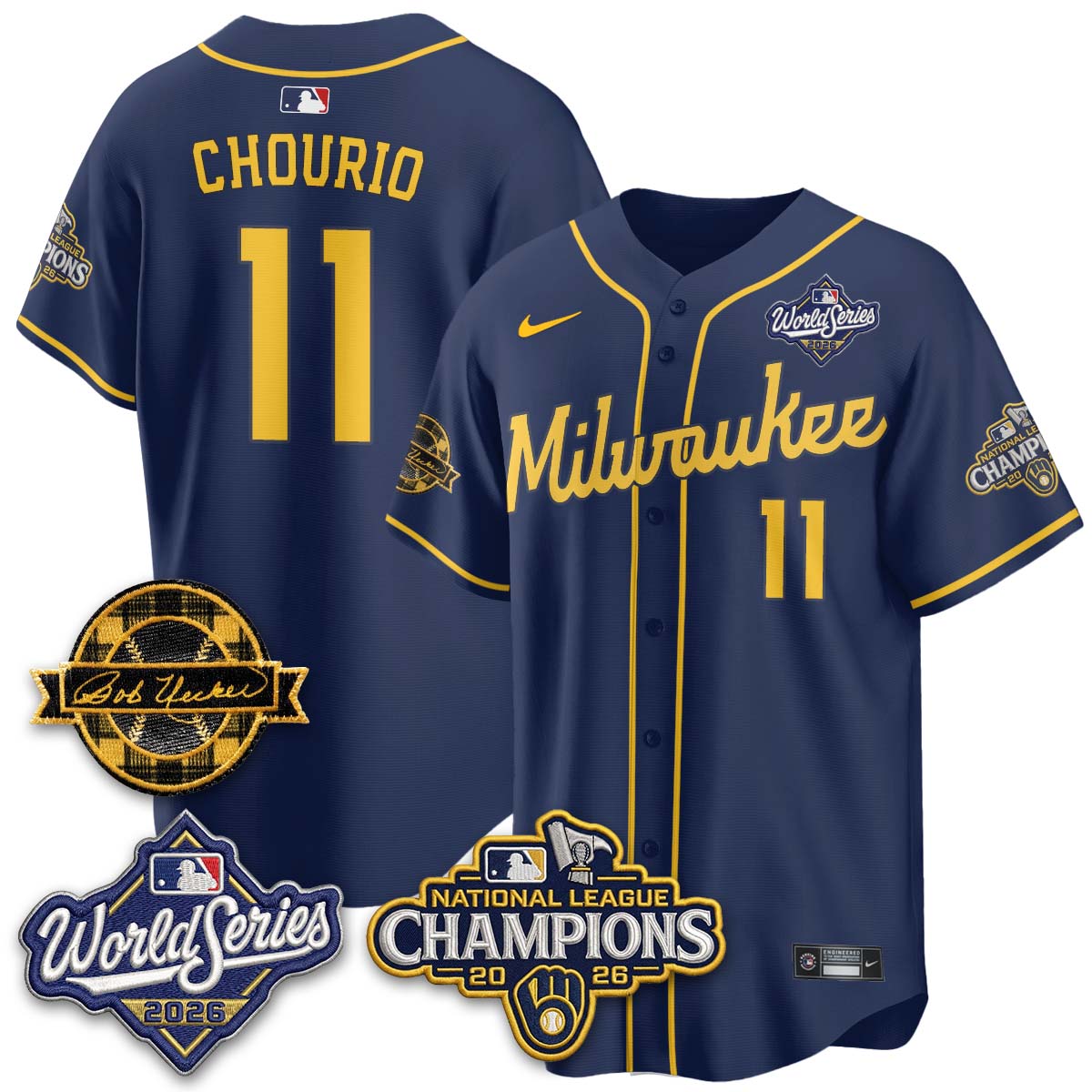 Milwaukee Brewers Jackson Chourio 2026 NL Champions Bob Uecker Patch Vapor Jersey - All Stitched - Navy
