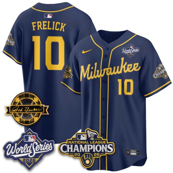Milwaukee Brewers Sal Frelick 2026 NL Champions Bob Uecker Patch Vapor Jersey - All Stitched - Navy