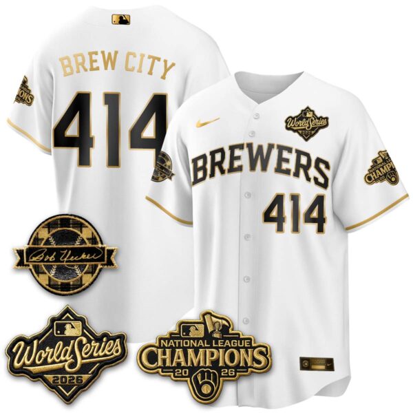 Milwaukee Brewers Brew City 2026 NL Champions Bob Uecker Patch Vapor Jersey - All Stitched - White Gold