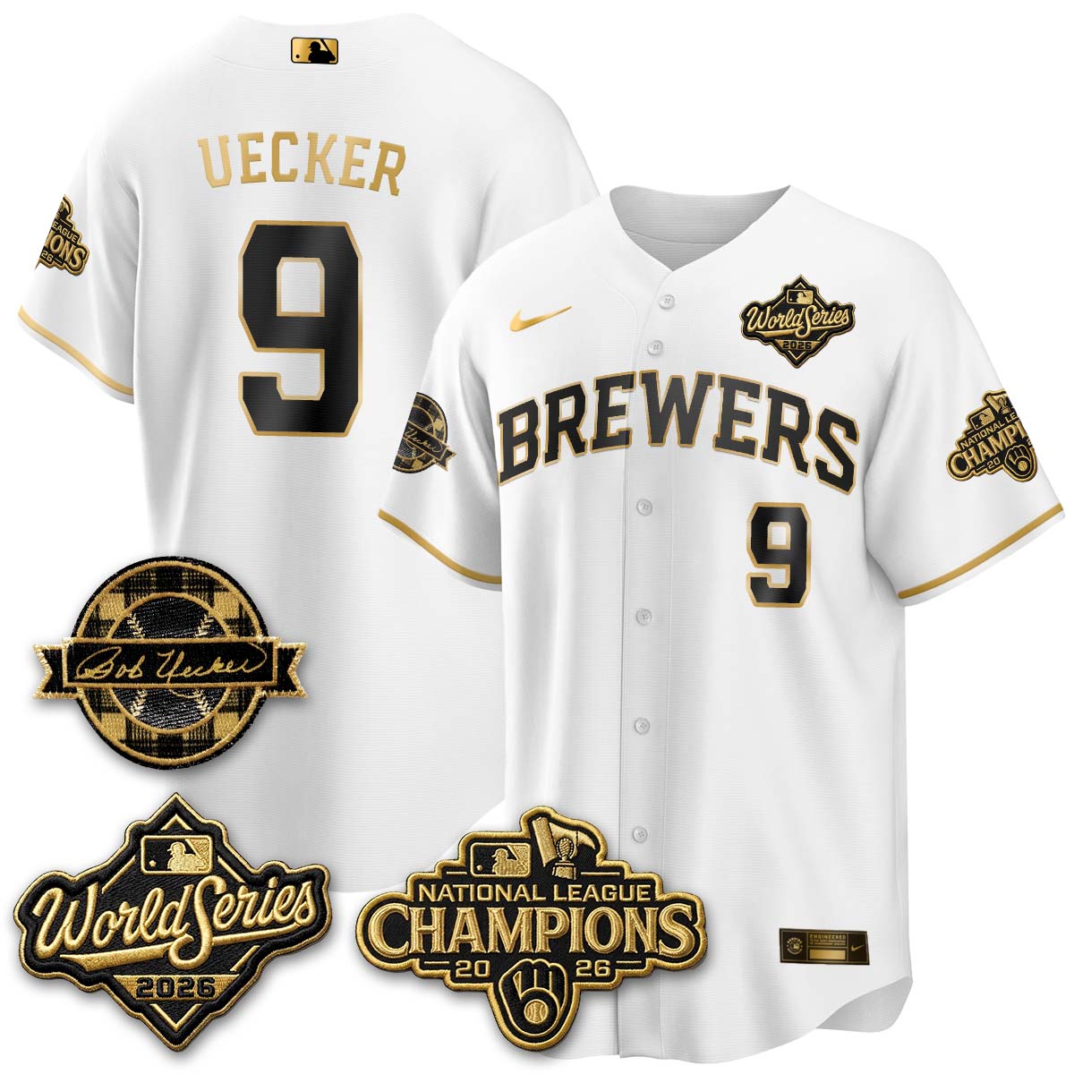 Milwaukee Brewers Bob Uecker 2026 NL Champions Bob Uecker Patch Vapor Jersey - All Stitched - White Gold