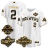 Milwaukee Brewers Brice Turang 2026 NL Champions Bob Uecker Patch Vapor Jersey - All Stitched - White Gold