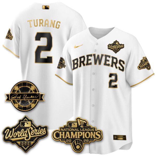 Milwaukee Brewers Brice Turang 2026 NL Champions Bob Uecker Patch Vapor Jersey - All Stitched - White Gold