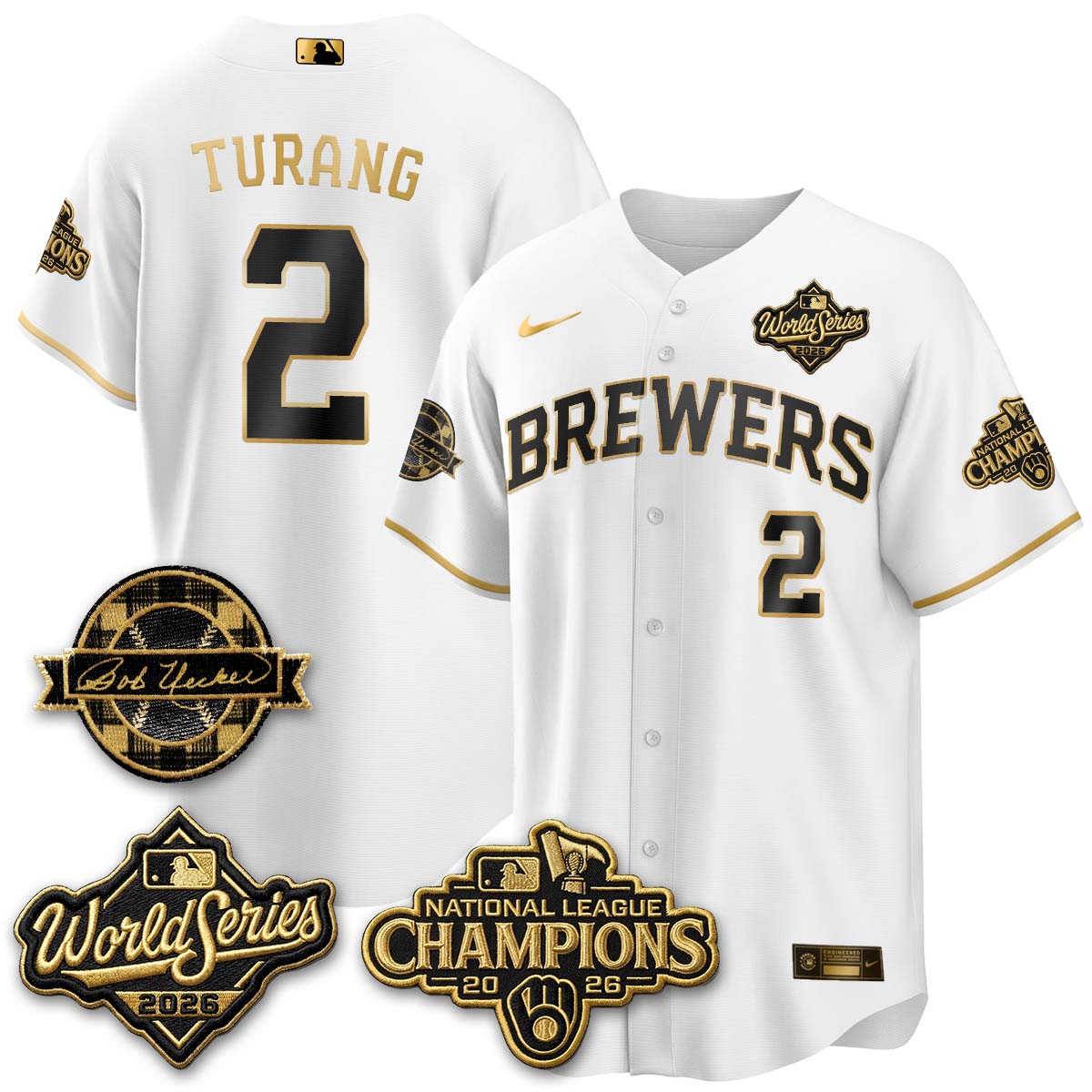 Milwaukee Brewers Brice Turang 2026 NL Champions Bob Uecker Patch Vapor Jersey - All Stitched - White Gold