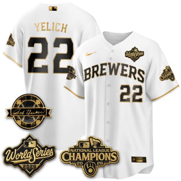 Milwaukee Brewers Christian Yelich 2026 NL Champions Bob Uecker Patch Vapor Jersey - All Stitched - White Gold