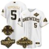 Milwaukee Brewers Garrett Mitchell 2026 NL Champions Bob Uecker Patch Vapor Jersey - All Stitched - White Gold
