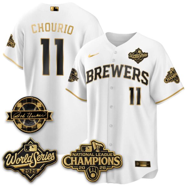 Milwaukee Brewers Jackson Chourio 2026 NL Champions Bob Uecker Patch Vapor Jersey - All Stitched - White Gold