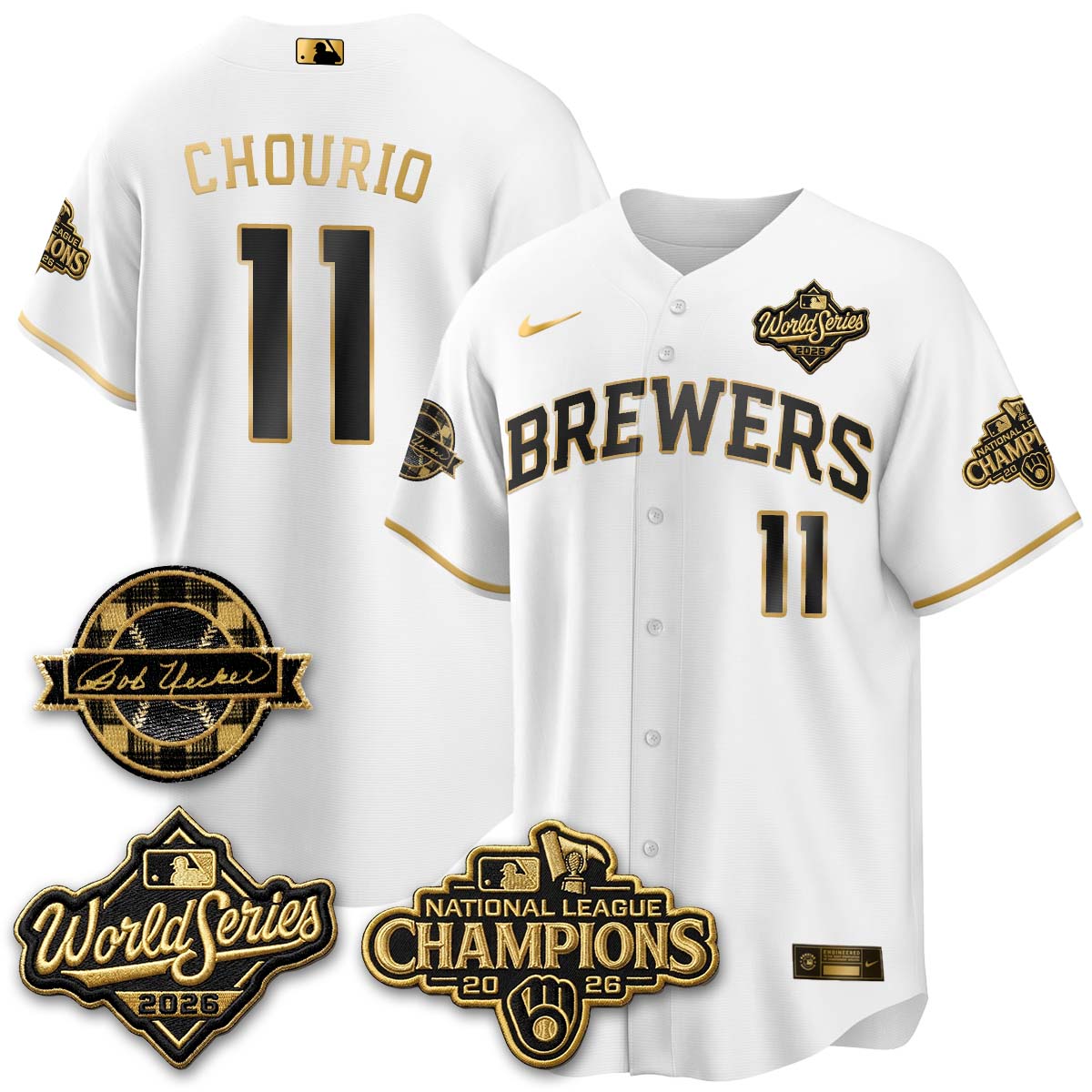 Milwaukee Brewers Jackson Chourio 2026 NL Champions Bob Uecker Patch Vapor Jersey - All Stitched - White Gold