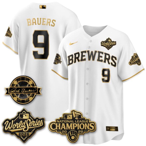Milwaukee Brewers Jake Bauers 2026 NL Champions Bob Uecker Patch Vapor Jersey - All Stitched - White Gold