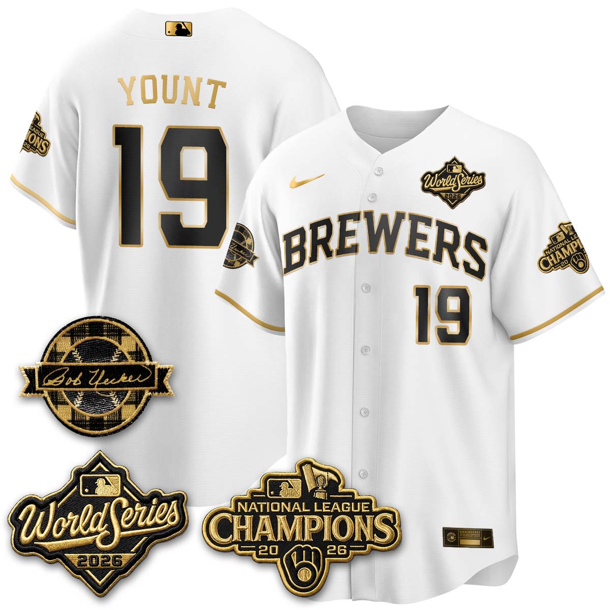 Milwaukee Brewers Robin Yount 2026 NL Champions Bob Uecker Patch Vapor Jersey - All Stitched - White Gold