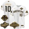Milwaukee Brewers Sal Frelick 2026 NL Champions Bob Uecker Patch Vapor Jersey - All Stitched - White Gold