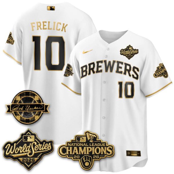 Milwaukee Brewers Sal Frelick 2026 NL Champions Bob Uecker Patch Vapor Jersey - All Stitched - White Gold